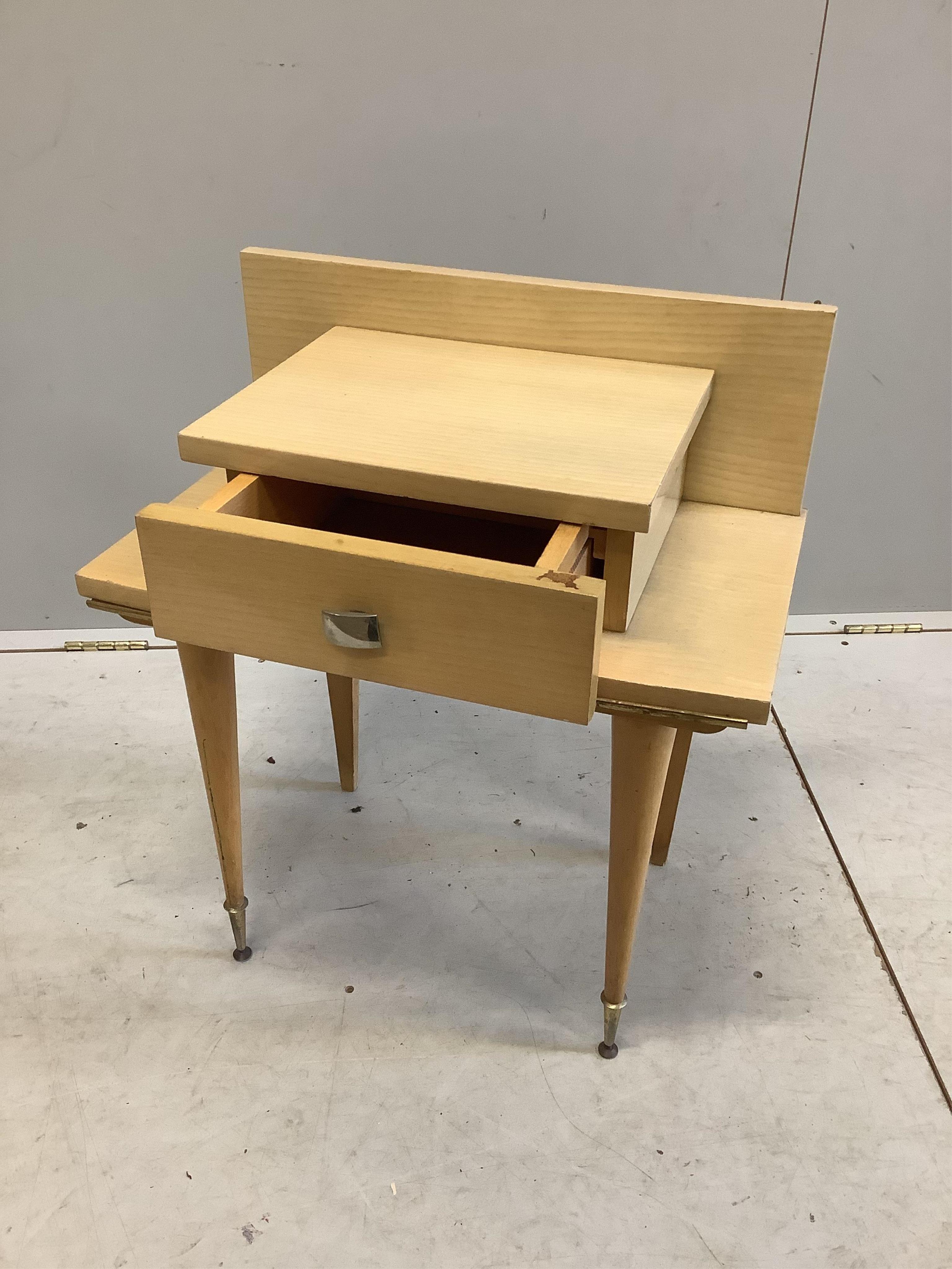 A pair of mid century French bedside tables, width 54cm, depth 32cm, height 60cm together with a pair of matching single bedframes. Condition - fair